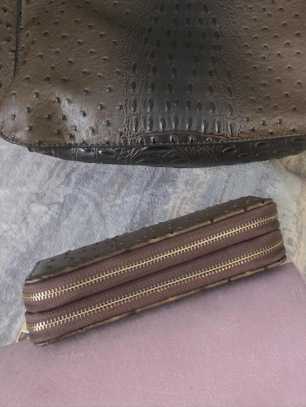 Brown Ostrich Embossed Tote Bag Matching Wallet Croc Texture Satchel - Picture 12 of 13